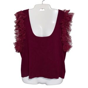 Arula Top Womens Size B Burgundy Tulle Ruffle Sleeves Fairy Whimsical Boho
